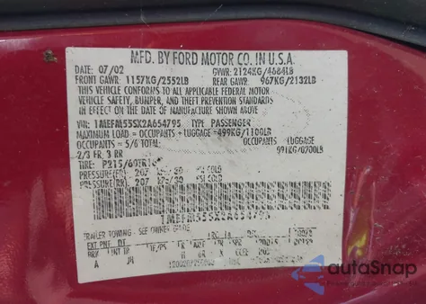 2002 Mercury Sable Ls Premium из США, поврежденный, VIN 1MEFM55SX2A654795